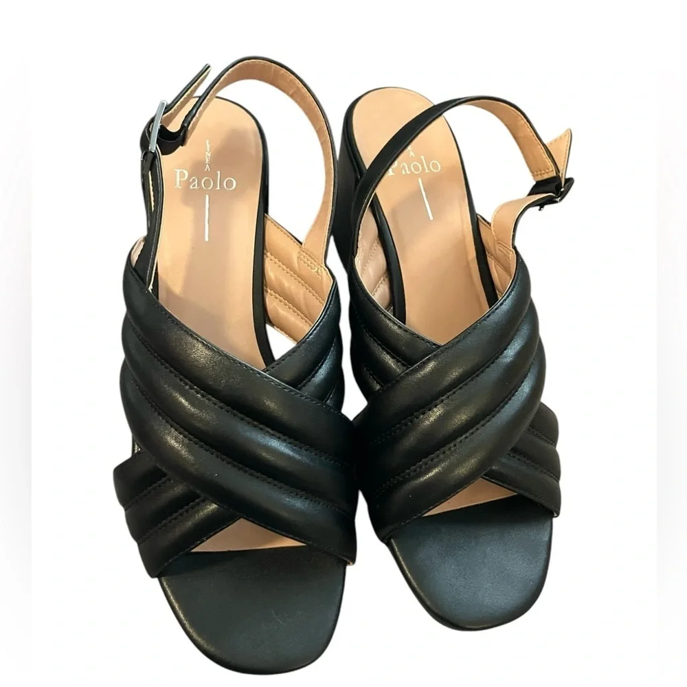 LINEA PAOLO Black Slingback Sandals 3-Inch Block Heel Size 8